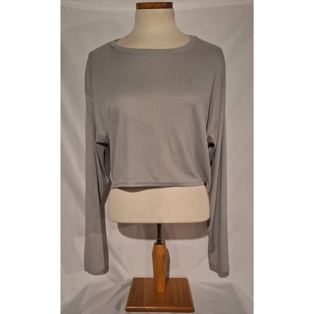 Abound Womens Grey Scoop Neck Ribbed Long Sleeve Crop Top Size M NWOT‎